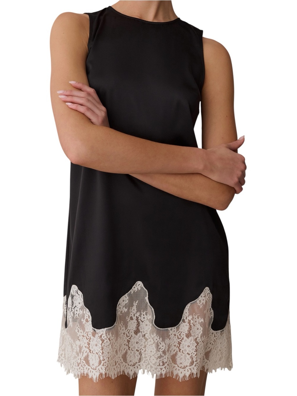 Kourt Few Moda Yasmin Slip Dress Black Cream Lace Trim Mini Cocktail Party NWT